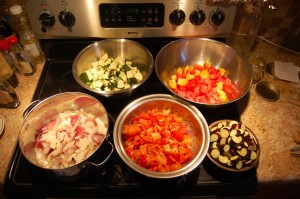 Onions & Garlic Cooking, Zucchini, Eggplant, Peppers, Tomatoes Chopped